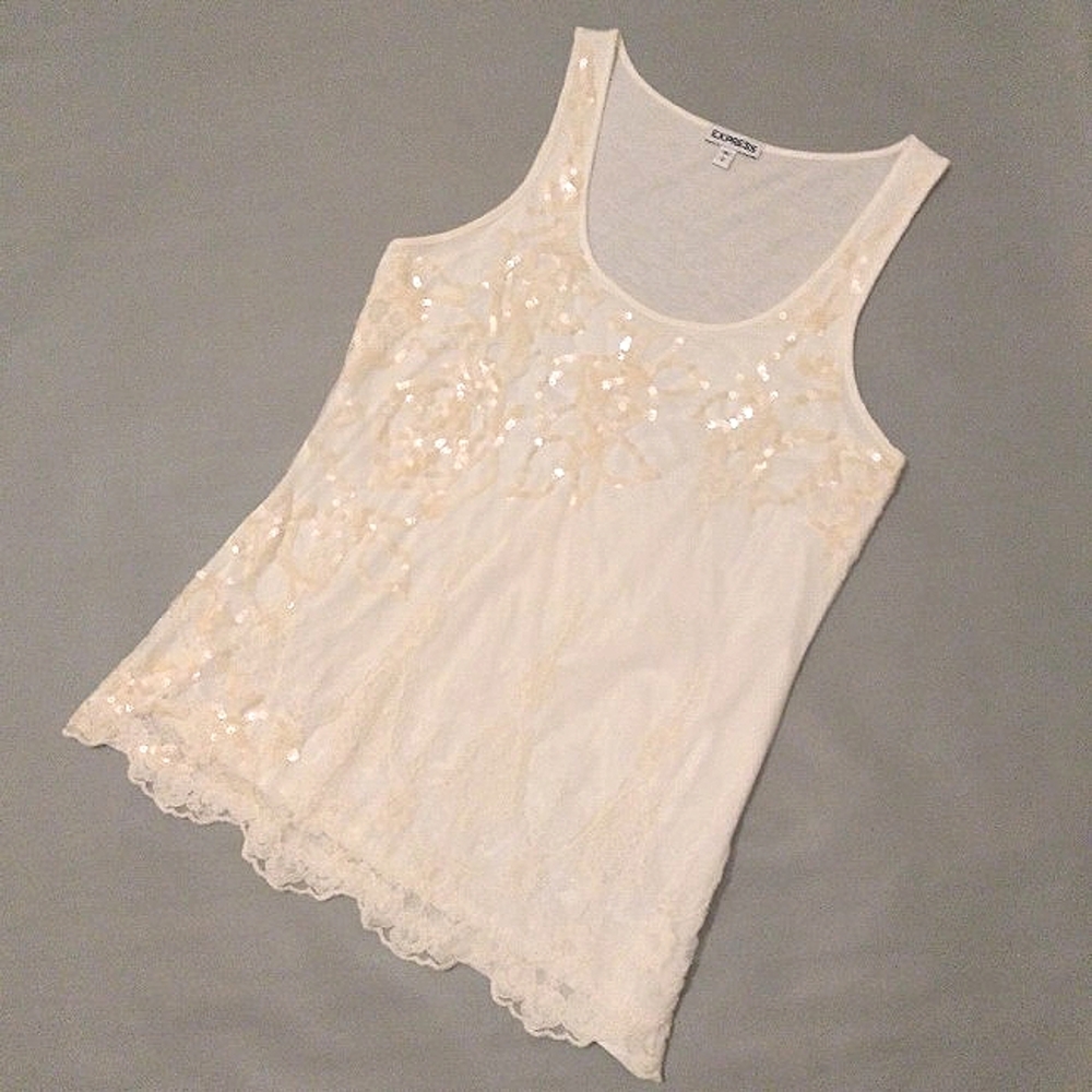 🎁 EXPRESS Vintage Top w/ Exquisite Front Overlay of Tulle, Sequins & Embroidery